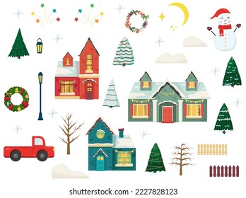 New Year and Christmas home set. Stylized winter cute cozy houses with snowman, trees, mountains. Winter City collection. Vector illustration holidays elements.