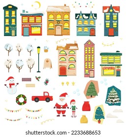 New Year and Christmas home set. Stylized winter cute cozy houses with snowman, trees, mountains. Winter City collection. Vector illustration holidays elements.