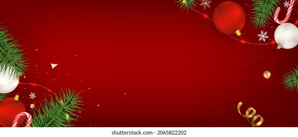 New Year and Christmas horizontal composition. Flat lay design with Christmas decoration on red.Top view. vector