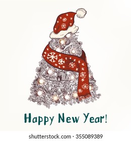 New year or Christmas humor  background with Xmas tree in red scarf and hat like Santa happy New Year