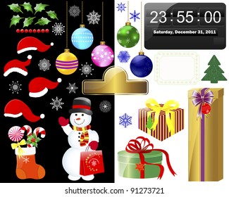 New year and Christmas icons on white and black. 10 EPS. Vector illustration.