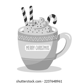 New Year, Christmas illustration of a cup of hot chocolate with sweet whipped cream, with candies and lollipops in black and white colors