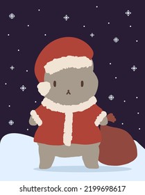 New Year. Christmas Illustration With Cute Kawaii Cat In Santa Laus Suit With Bag Of Presents. Flat Vector Illustration