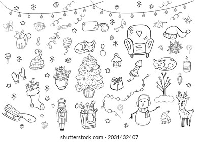 New Year or Christmas Illustration with Holiday Attributes Coloring Page or Book