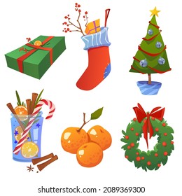 Ilustraciones de Año Nuevo y Navidad. Tangerinas, árbol de Navidad, regalos, chupetes. Ilustraciones vectoriales dibujadas para tarjetas de felicitación, pegatinas, carteles y diseños estacionales