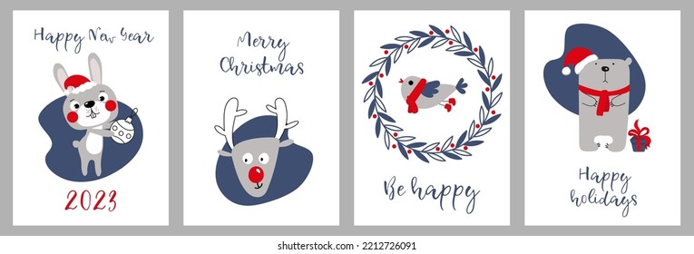 New Year and Christmas illustrations. Winter holiday cards. Minimal design. Greeting cards, gift bags, posters, packaging. Vector drawn characters: rabbit, deer, bird, bear.