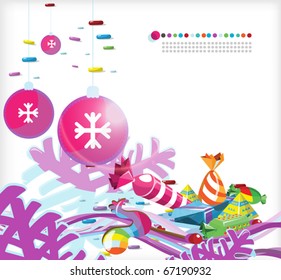 New Year and Christmas image with candy, candy, Christmas tree, gifts.