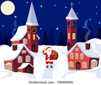 New Year Christmas. An image of Santa Claus. Winter city on New Year's Eve. illustration
