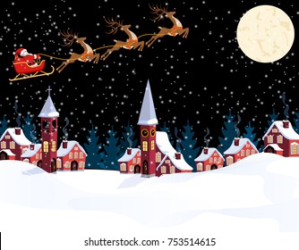New Year Christmas. An image of Santa Claus and deers. Winter city on the eve of the New Year. Snow, the moon, the chapel, the town hall. Vector illustration