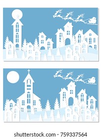 New Year Christmas. An image of Santa Claus and deer. Snow, moon, trees, houses, church. Two landscapes are cut from white paper. Vector illustration