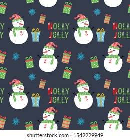 New Year and Christmas kid seamless pattern with Holly Jolly sign, snowman, gift box, snowflake on dark background. Winter decorative cute wallpaper design.