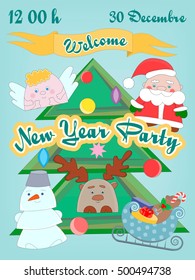 New Year and Christmas Kids Party with Christmas motifs. Vector illustration.