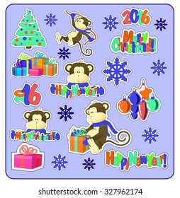 New year, Christmas, labels, Christmas tree, monkey, toys & gifts