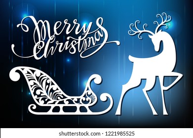 New Year and Christmas, Laser cutting. Set of Christmas decorations. Isolated openwork objects lettering, sleigh, deer. Glowing background.