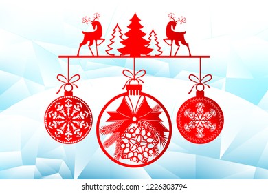 New Year, Christmas laser cutting templates. Holiday decorations in 2019 on an icy background deer, winter trees, Christmas balls. Decor for decoration of rooms, Windows, showcases. Vector