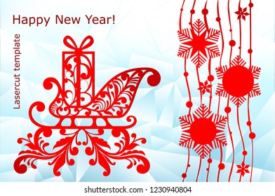 New Year, Christmas laser cutting templates. Festive decorations in 2019 on the icy background Santa's openwork sledge, snow, snowflakes. Vector illustration.