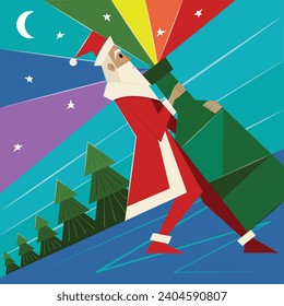 New Year or Christmas LGBT greeting card. Santa Claus carries a bottle of champagne with rainbow sprinkles at night.  Holiday colorful poster.