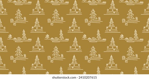 Neujahr, Weihnachtslineares Muster mit Tannenbäumen. Skandinavisches Norwegisches, einfaches Winterbild. Minimalistische grafische Darstellung. Striptes Herringbone-Muster mit Schneeflocken, Schneebällen.