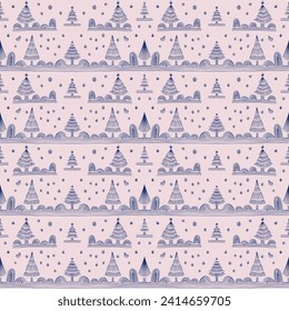 Neujahr, Weihnachtslineares Muster mit Tannenbäumen. Skandinavisches Norwegisches, einfaches Winterbild. Minimalistische grafische Darstellung. Striptes Herringbone-Muster mit Schneeflocken, Schneebällen.