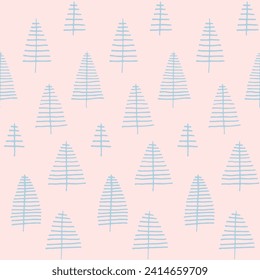 New Year, Christmas linear pattern with fir trees. Scandinavian Norwegian simple winter print. Minimalistic graphic illustration. Striped herringbone pattern with snowflakes, snowballs.