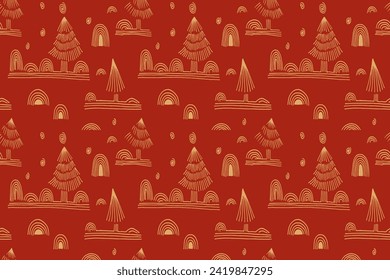 New Year, Christmas linear pattern with fir trees. Scandinavian Norwegian simple winter print. Minimalistic graphic illustration. Striped herringbone pattern with snowflakes, snowballs.