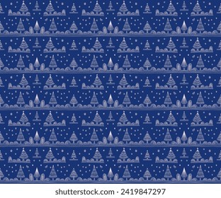 New Year, Christmas linear pattern with fir trees. Scandinavian Norwegian simple winter print. Minimalistic graphic illustration. Striped herringbone pattern with snowflakes, snowballs.