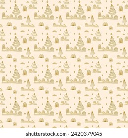 Año Nuevo, patrón navideño lineal con abetos. Huella de invierno simple noruega escandinava. Ilustración gráfica minimalista. Patrón de herringbone a rayas con copos de nieve, bolas de nieve.