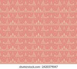 New Year, Christmas linear pattern with fir trees. Scandinavian Norwegian simple winter print. Minimalistic graphic illustration. Striped herringbone pattern with snowflakes, snowballs.