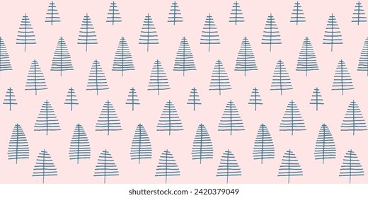 New Year, Christmas linear pattern with fir trees. Scandinavian Norwegian simple winter print. Minimalistic graphic illustration. Striped herringbone pattern with snowflakes, snowballs.