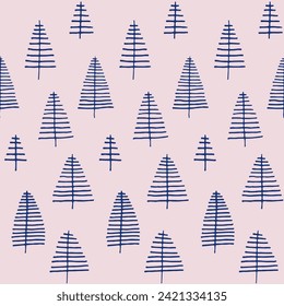 New Year, Christmas linear pattern with fir trees. Scandinavian Norwegian simple winter print. Minimalistic graphic illustration. Striped herringbone pattern with snowflakes, snowballs.