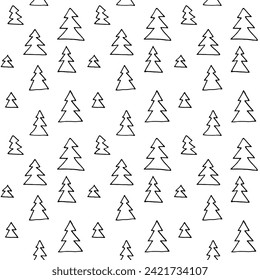 New Year, Christmas linear pattern with fir trees. Scandinavian Norwegian simple winter print. Minimalistic graphic illustration. Striped herringbone pattern with snowflakes, snowballs.