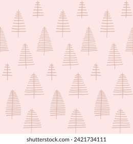 New Year, Christmas linear pattern with fir trees. Scandinavian Norwegian simple winter print. Minimalistic graphic illustration. Striped herringbone pattern with snowflakes, snowballs.