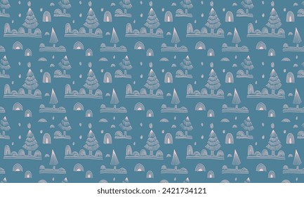 New Year, Christmas linear pattern with fir trees. Scandinavian Norwegian simple winter print. Minimalistic graphic illustration. Striped herringbone pattern with snowflakes, snowballs.