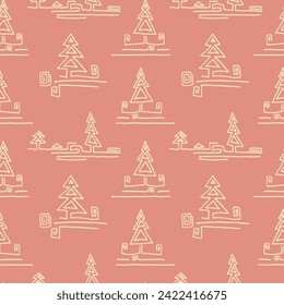 New Year, Christmas linear pattern with fir trees. Scandinavian Norwegian simple winter print. Minimalistic graphic illustration. Striped herringbone pattern with snowflakes, snowballs.