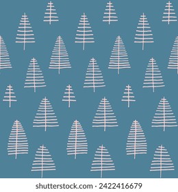 New Year, Christmas linear pattern with fir trees. Scandinavian Norwegian simple winter print. Minimalistic graphic illustration. Striped herringbone pattern with snowflakes, snowballs.
