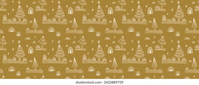 New Year, Christmas linear pattern with fir trees. Scandinavian Norwegian simple winter print. Minimalistic graphic illustration. Striped herringbone pattern with snowflakes, snowballs.