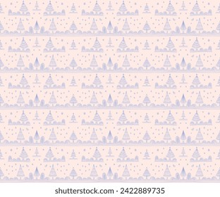 New Year, Christmas linear pattern with fir trees. Scandinavian Norwegian simple winter print. Minimalistic graphic illustration. Striped herringbone pattern with snowflakes, snowballs.