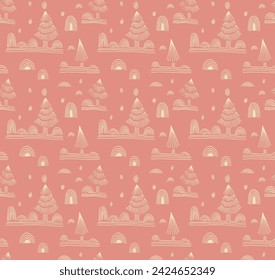 Neujahr, Weihnachten lineares Muster mit Tannen. Skandinavischer norwegischer einfacher Winterdruck. Minimalistische grafische Darstellung. Gestreiftes Fischgrätenmuster mit Schneeflocken, Schneebälle.
