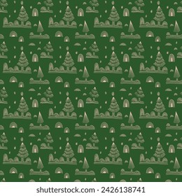 New Year, Christmas linear pattern with fir trees. Scandinavian Norwegian simple winter print. Minimalistic graphic illustration. Striped herringbone pattern with snowflakes, snowballs.