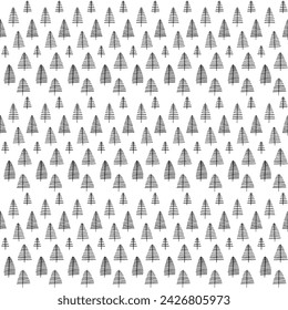 New Year, Christmas linear pattern with fir trees. Scandinavian Norwegian simple winter print. Minimalistic graphic illustration. Striped herringbone pattern with snowflakes, snowballs.