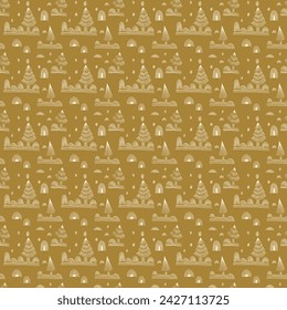 New Year, Christmas linear pattern with fir trees. Scandinavian Norwegian simple winter print. Minimalistic graphic illustration. Striped herringbone pattern with snowflakes, snowballs.