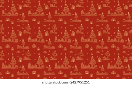 New Year, Christmas linear pattern with fir trees. Scandinavian Norwegian simple winter print. Minimalistic graphic illustration. Striped herringbone pattern with snowflakes, snowballs.