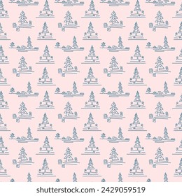 New Year, Christmas linear pattern with fir trees. Scandinavian Norwegian simple winter print. Minimalistic graphic illustration. Striped herringbone pattern with snowflakes, snowballs.