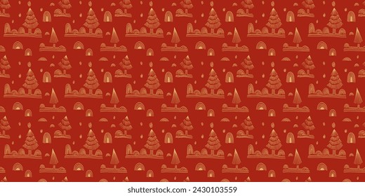 New Year, Christmas linear pattern with fir trees. Scandinavian Norwegian simple winter print. Minimalistic graphic illustration. Striped herringbone pattern with snowflakes, snowballs.