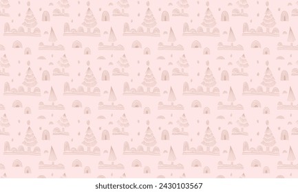 New Year, Christmas linear pattern with fir trees. Scandinavian Norwegian simple winter print. Minimalistic graphic illustration. Striped herringbone pattern with snowflakes, snowballs.