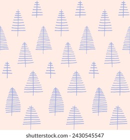 New Year, Christmas linear pattern with fir trees. Scandinavian Norwegian simple winter print. Minimalistic graphic illustration. Striped herringbone pattern with snowflakes, snowballs.