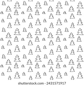New Year, Christmas linear pattern with fir trees. Scandinavian Norwegian simple winter print. Minimalistic graphic illustration. Striped herringbone pattern with snowflakes, snowballs.