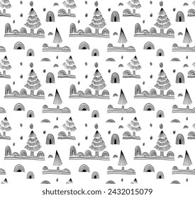 New Year, Christmas linear pattern with fir trees. Scandinavian Norwegian simple winter print. Minimalistic graphic illustration. Striped herringbone pattern with snowflakes, snowballs.