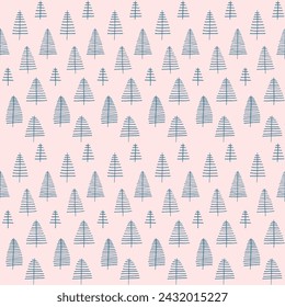 New Year, Christmas linear pattern with fir trees. Scandinavian Norwegian simple winter print. Minimalistic graphic illustration. Striped herringbone pattern with snowflakes, snowballs.