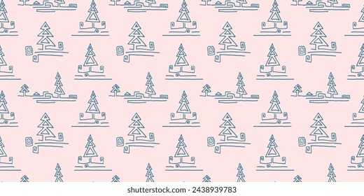 Año Nuevo, patrón lineal de Navidad con abetos. Escandinavo noruego simple impresión de invierno. Ilustración gráfica minimalista. Patrón de espiga rayada con copos de nieve, bolas de nieve.